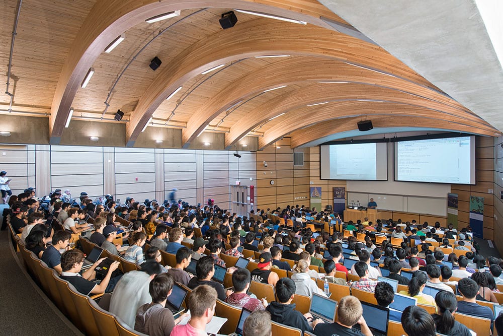 Centre for interactive research wood auditorium ceiling