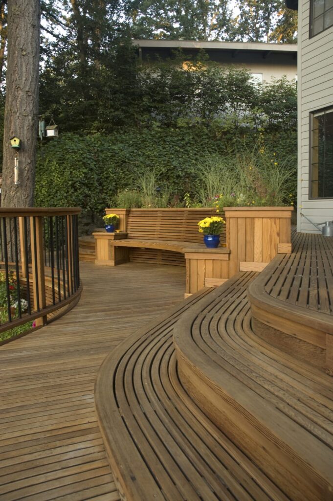 An elegant cedar deck at dusk