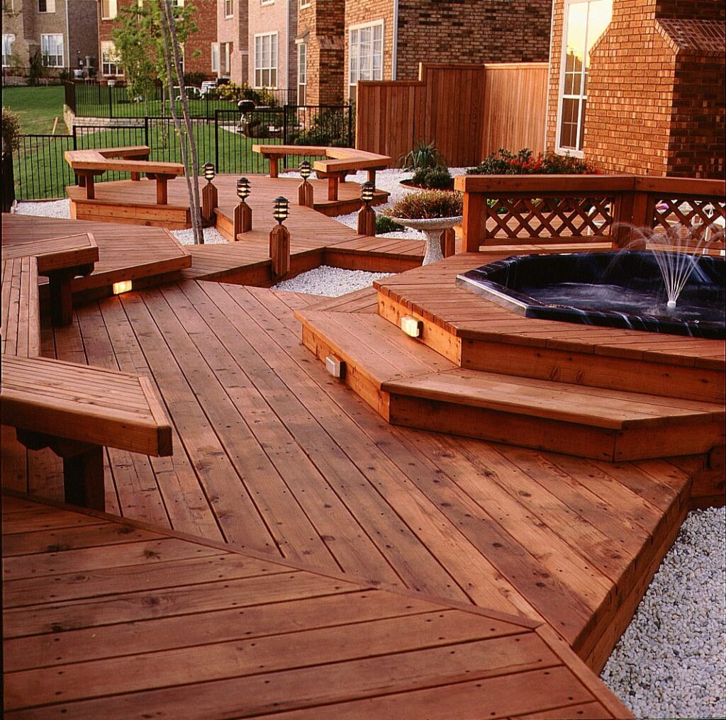 An outdoor redwood deck