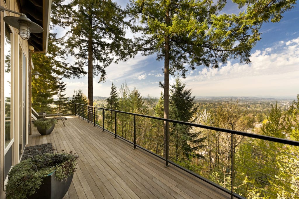 A raised wooden deck in the forest